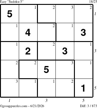 The grouppuzzles.com Easy Sudoku-5 puzzle for Sunday June 21, 2026 with all 3 steps marked