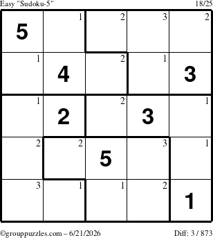 The grouppuzzles.com Easy Sudoku-5 puzzle for Sunday June 21, 2026 with the first 3 steps marked