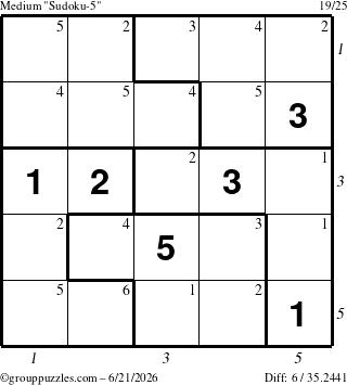 The grouppuzzles.com Medium Sudoku-5 puzzle for Sunday June 21, 2026, suitable for printing, with all 6 steps marked