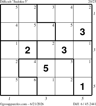 The grouppuzzles.com Difficult Sudoku-5 puzzle for Sunday June 21, 2026, suitable for printing, with all 6 steps marked
