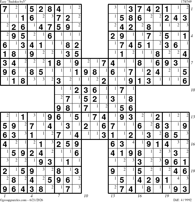 The grouppuzzles.com Easy Sudoku-by5 puzzle for Sunday June 21, 2026 with all 4 steps marked