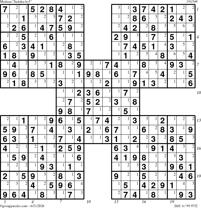 The grouppuzzles.com Medium Sudoku-by5 puzzle for Sunday June 21, 2026, suitable for printing, with all 6 steps marked