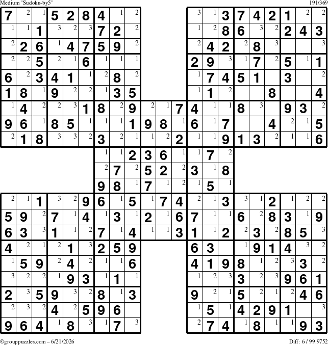 The grouppuzzles.com Medium Sudoku-by5 puzzle for Sunday June 21, 2026 with the first 3 steps marked