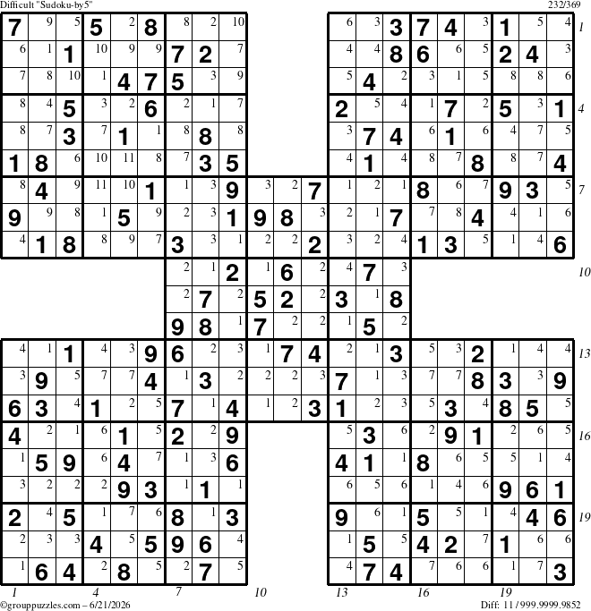 The grouppuzzles.com Difficult Sudoku-by5 puzzle for Sunday June 21, 2026, suitable for printing, with all 11 steps marked