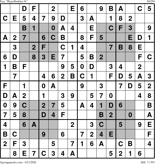 The grouppuzzles.com Easy HyperSudoku-16 puzzle for Sunday June 21, 2026