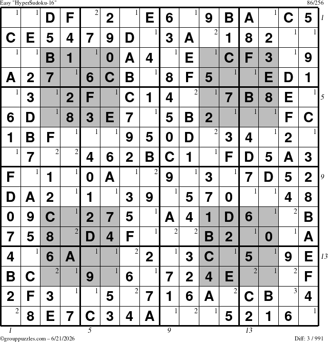 The grouppuzzles.com Easy HyperSudoku-16 puzzle for Sunday June 21, 2026, suitable for printing, with all 3 steps marked