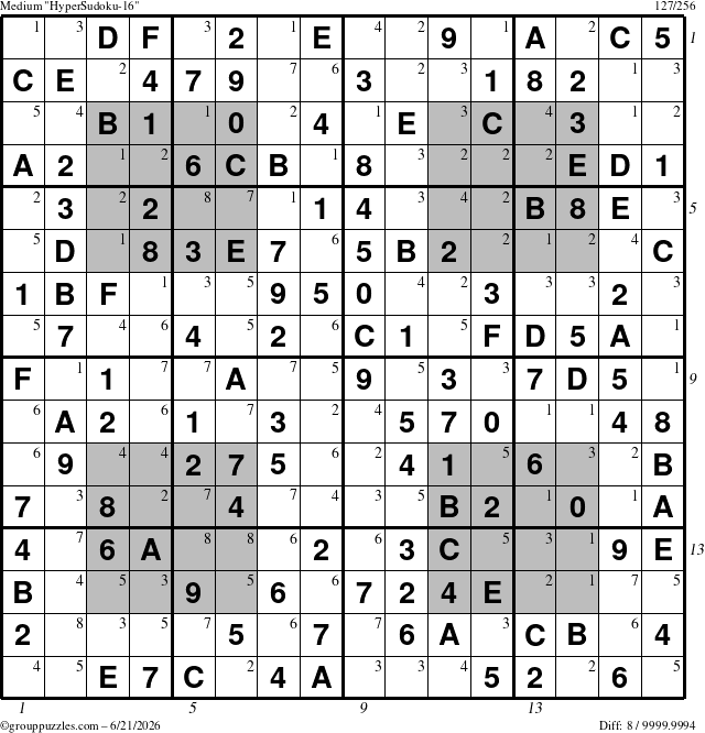 The grouppuzzles.com Medium HyperSudoku-16 puzzle for Sunday June 21, 2026 with all 8 steps marked