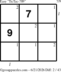 The grouppuzzles.com Easy TicTac-789 puzzle for Sunday June 21, 2026, suitable for printing, with all 2 steps marked