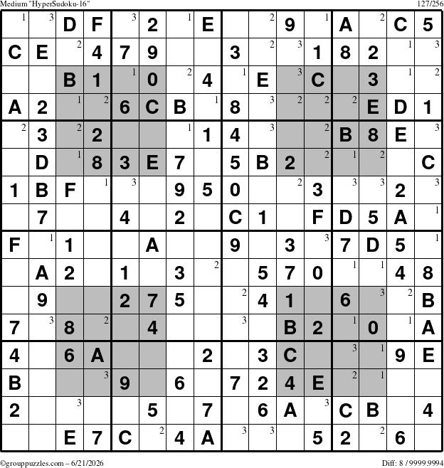The grouppuzzles.com Medium HyperSudoku-16 puzzle for Sunday June 21, 2026 with the first 3 steps marked