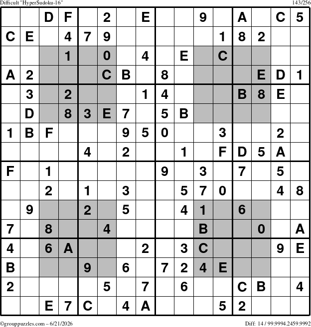 The grouppuzzles.com Difficult HyperSudoku-16 puzzle for Sunday June 21, 2026