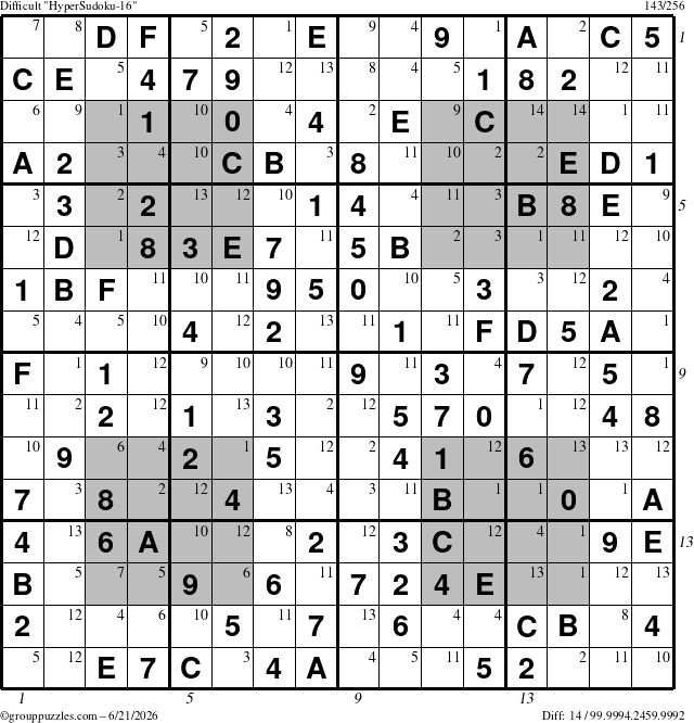 The grouppuzzles.com Difficult HyperSudoku-16 puzzle for Sunday June 21, 2026 with all 14 steps marked