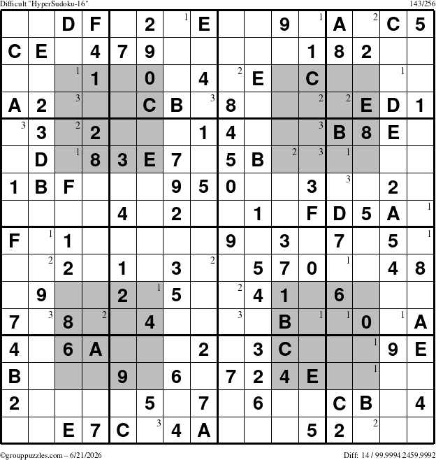 The grouppuzzles.com Difficult HyperSudoku-16 puzzle for Sunday June 21, 2026 with the first 3 steps marked