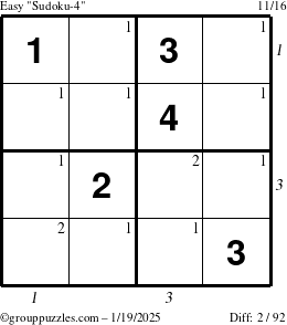 The grouppuzzles.com Easy Sudoku-4 puzzle for Sunday January 19, 2025 with all 2 steps marked