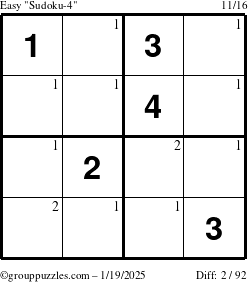 The grouppuzzles.com Easy Sudoku-4 puzzle for Sunday January 19, 2025 with the first 2 steps marked