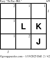 The grouppuzzles.com Easy TicTac-JKL puzzle for Sunday January 19, 2025 with all 2 steps marked