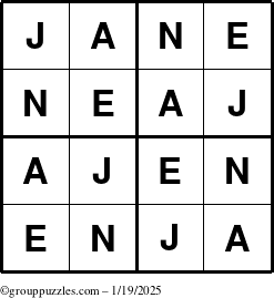 The grouppuzzles.com Answer grid for the Jane puzzle for Sunday January 19, 2025