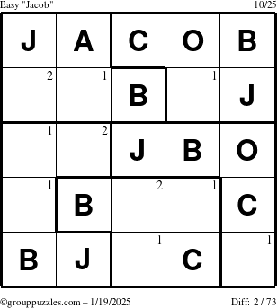 The grouppuzzles.com Easy Jacob puzzle for Sunday January 19, 2025 with the first 2 steps marked