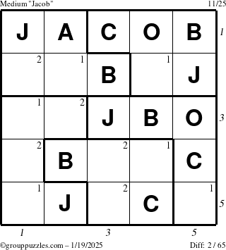 The grouppuzzles.com Medium Jacob puzzle for Sunday January 19, 2025, suitable for printing, with all 2 steps marked