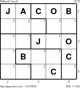 The grouppuzzles.com Difficult Jacob puzzle for Sunday January 19, 2025 with all 3 steps marked