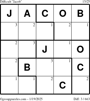 The grouppuzzles.com Difficult Jacob puzzle for Sunday January 19, 2025 with the first 3 steps marked