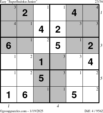 The grouppuzzles.com Easy SuperSudoku-Junior puzzle for Sunday January 19, 2025 with all 4 steps marked