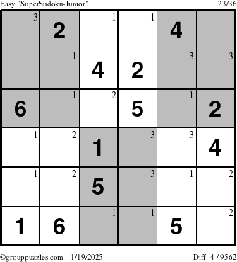 The grouppuzzles.com Easy SuperSudoku-Junior puzzle for Sunday January 19, 2025 with the first 3 steps marked