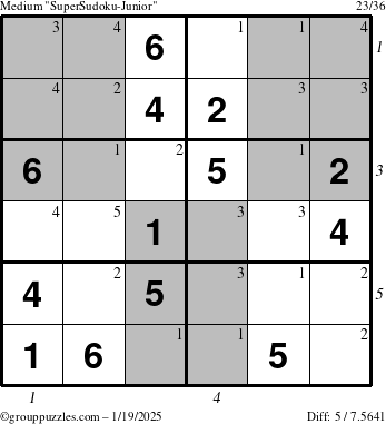 The grouppuzzles.com Medium SuperSudoku-Junior puzzle for Sunday January 19, 2025 with all 5 steps marked