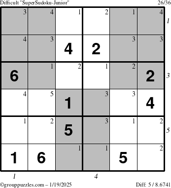 The grouppuzzles.com Difficult SuperSudoku-Junior puzzle for Sunday January 19, 2025 with all 5 steps marked