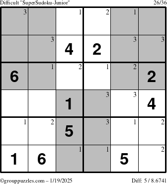 The grouppuzzles.com Difficult SuperSudoku-Junior puzzle for Sunday January 19, 2025 with the first 3 steps marked