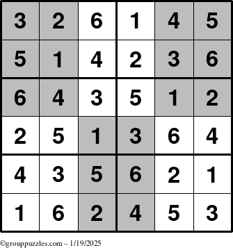 The grouppuzzles.com Answer grid for the SuperSudoku-Junior puzzle for Sunday January 19, 2025