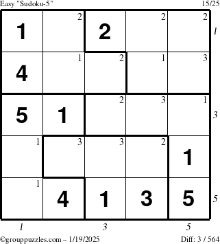 The grouppuzzles.com Easy Sudoku-5 puzzle for Sunday January 19, 2025, suitable for printing, with all 3 steps marked