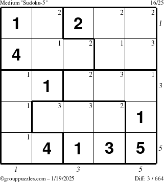 The grouppuzzles.com Medium Sudoku-5 puzzle for Sunday January 19, 2025 with all 3 steps marked