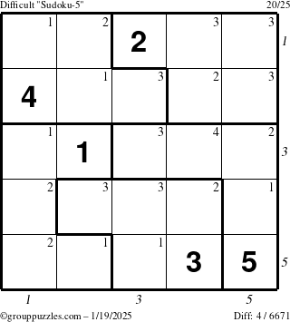 The grouppuzzles.com Difficult Sudoku-5 puzzle for Sunday January 19, 2025 with all 4 steps marked