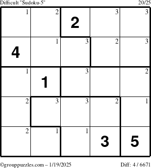 The grouppuzzles.com Difficult Sudoku-5 puzzle for Sunday January 19, 2025 with the first 3 steps marked