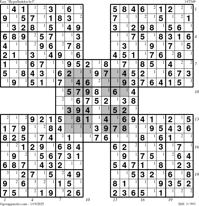 The grouppuzzles.com Easy HyperSudoku-by5 puzzle for Sunday January 19, 2025 with all 3 steps marked