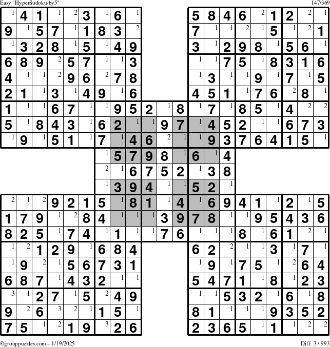 The grouppuzzles.com Easy HyperSudoku-by5 puzzle for Sunday January 19, 2025 with the first 3 steps marked