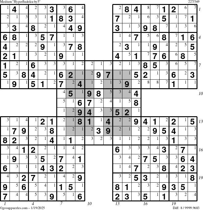 The grouppuzzles.com Medium HyperSudoku-by5 puzzle for Sunday January 19, 2025 with all 8 steps marked