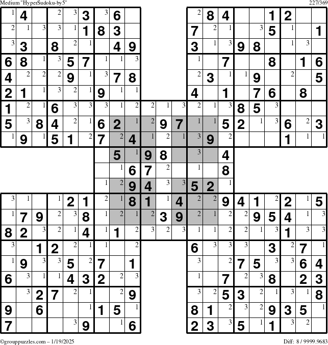 The grouppuzzles.com Medium HyperSudoku-by5 puzzle for Sunday January 19, 2025 with the first 3 steps marked