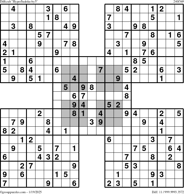 The grouppuzzles.com Difficult HyperSudoku-by5 puzzle for Sunday January 19, 2025