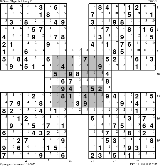 The grouppuzzles.com Difficult HyperSudoku-by5 puzzle for Sunday January 19, 2025 with all 11 steps marked