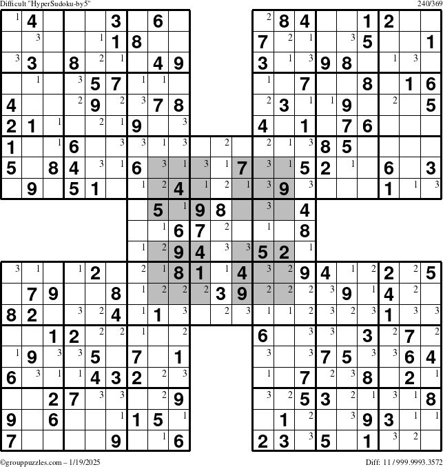 The grouppuzzles.com Difficult HyperSudoku-by5 puzzle for Sunday January 19, 2025 with the first 3 steps marked