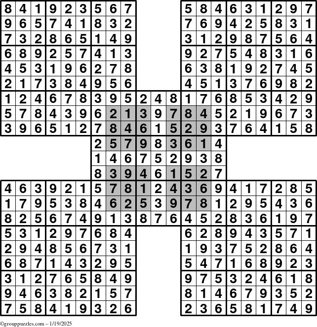 The grouppuzzles.com Answer grid for the HyperSudoku-by5 puzzle for Sunday January 19, 2025