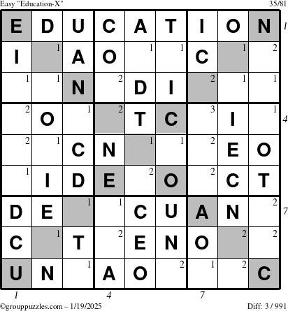 The grouppuzzles.com Easy Education-X puzzle for Sunday January 19, 2025, suitable for printing, with all 3 steps marked