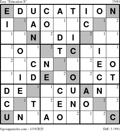 The grouppuzzles.com Easy Education-X puzzle for Sunday January 19, 2025 with the first 3 steps marked