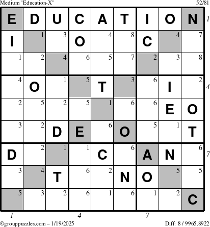 The grouppuzzles.com Medium Education-X puzzle for Sunday January 19, 2025, suitable for printing, with all 8 steps marked