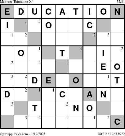 The grouppuzzles.com Medium Education-X puzzle for Sunday January 19, 2025 with the first 3 steps marked