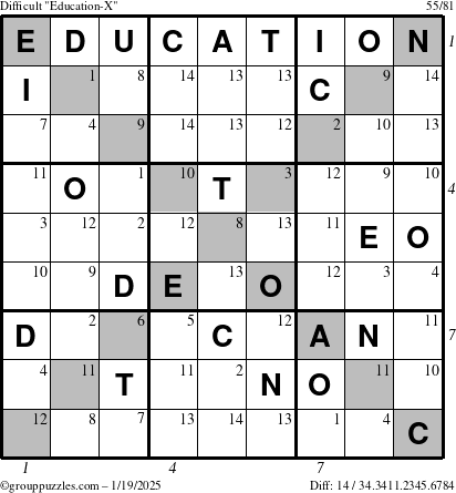 The grouppuzzles.com Difficult Education-X puzzle for Sunday January 19, 2025 with all 14 steps marked