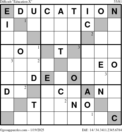 The grouppuzzles.com Difficult Education-X puzzle for Sunday January 19, 2025 with the first 3 steps marked