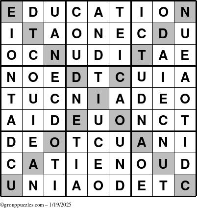 The grouppuzzles.com Answer grid for the Education-X puzzle for Sunday January 19, 2025