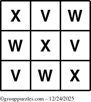 The grouppuzzles.com Answer grid for the TicTac-VWX puzzle for Wednesday December 24, 2025